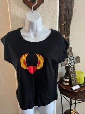 Harley-Davidson Black Crewneck Tee with Red Heart and Yellow Wing Patch